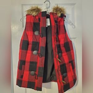 Buffalo Plaid Vest with faux fur hood
